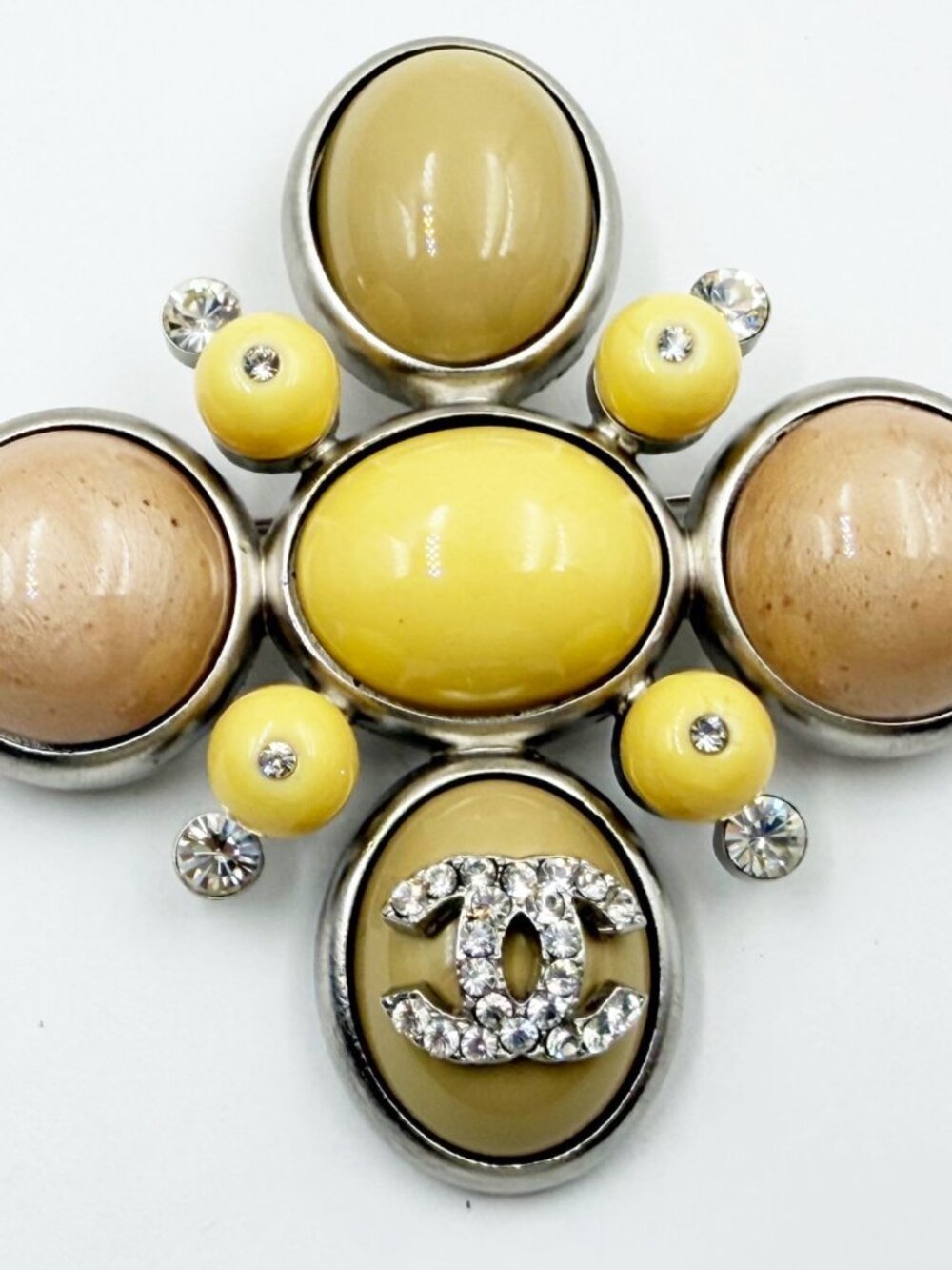 Chanel Silver CC Crystal Cream Yellow Peach Stone Cross Large Pendant Brooch